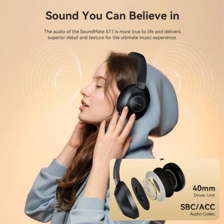 Vention NBBB0 Auriculares Inalámbricos SoundMate S11 Negros Bluetooth 5.3 con Micrófono y Batería de 20 Horas